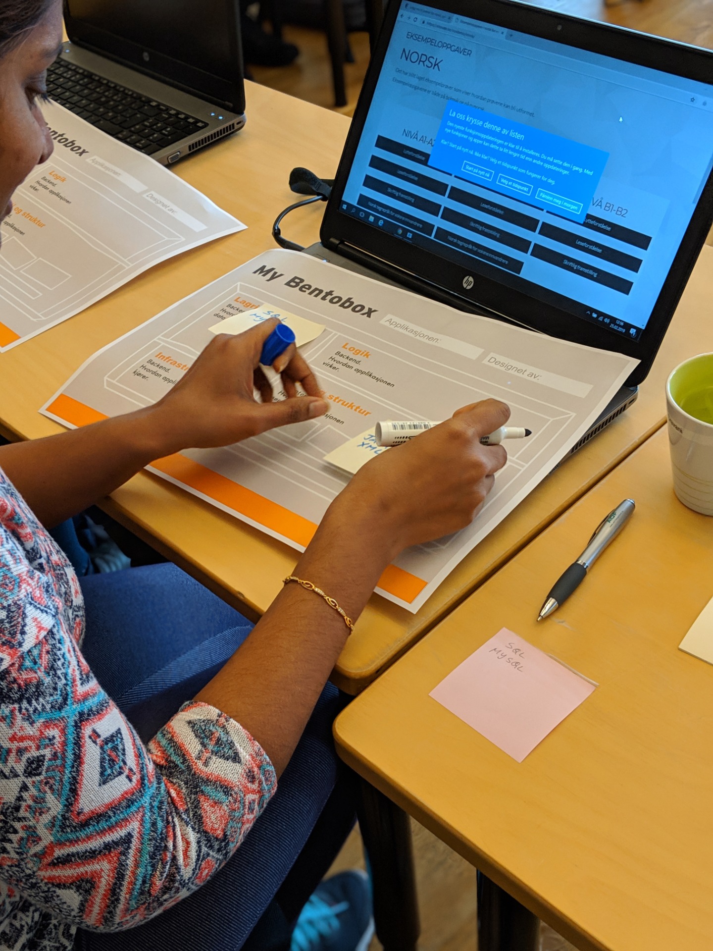 Deductive learning can still have interactive components. In this Bentobox exercise, students are asked to map key words from the programming industry onto a Bento box model that has been discussed in the lecture.